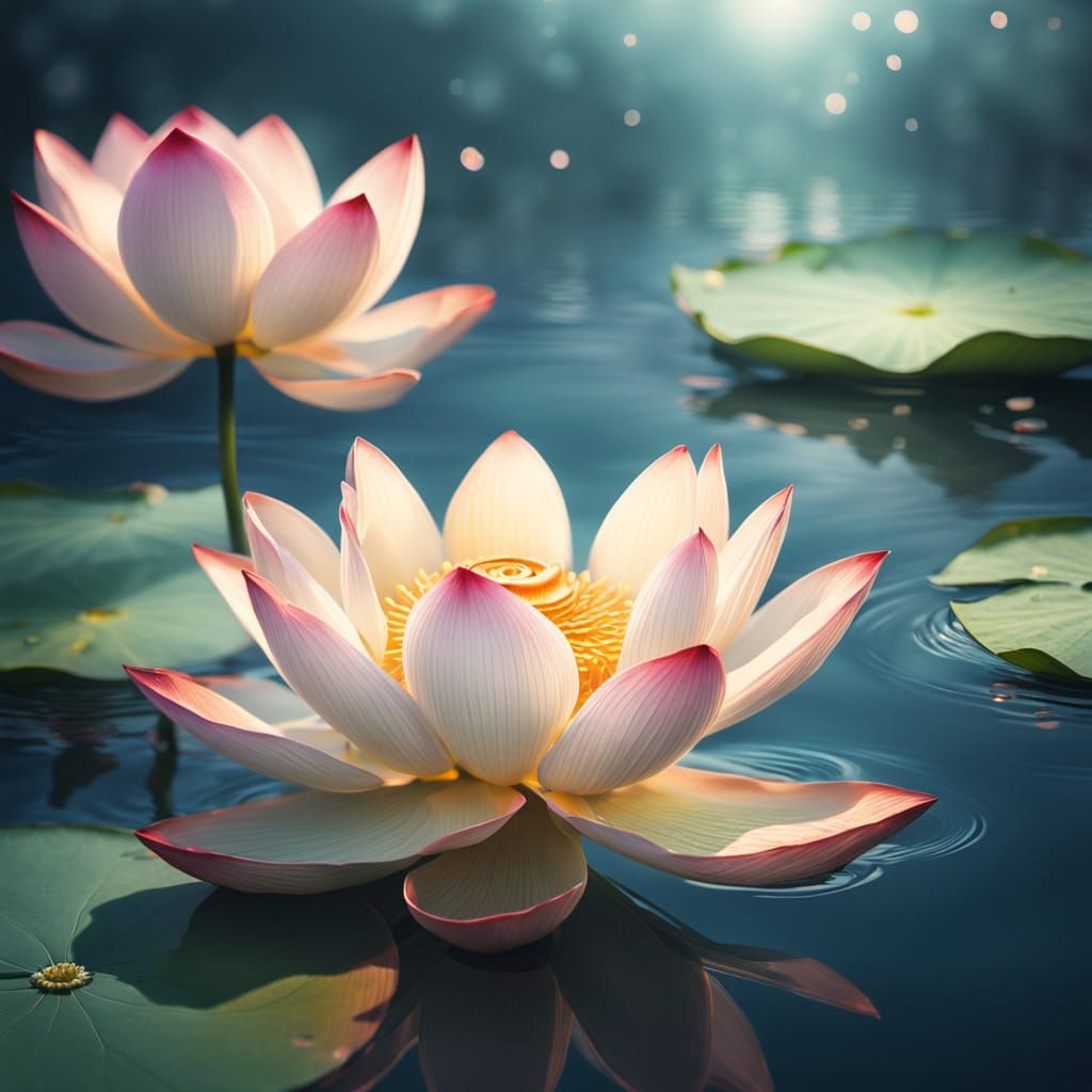 Surreal Dreamlike Lotus Flower Blooms in Golden Light