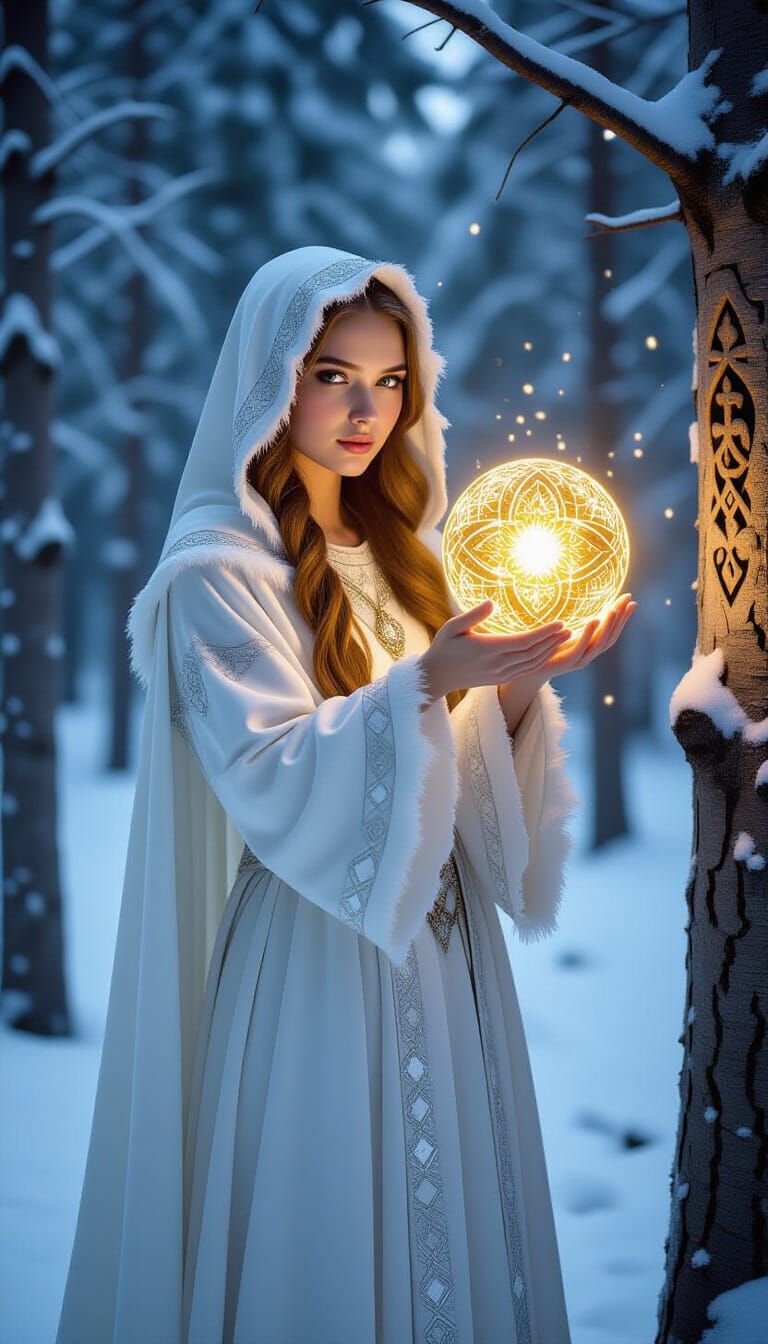 Slavic Goddess Koliada of Winter Solstice in Snow Forest