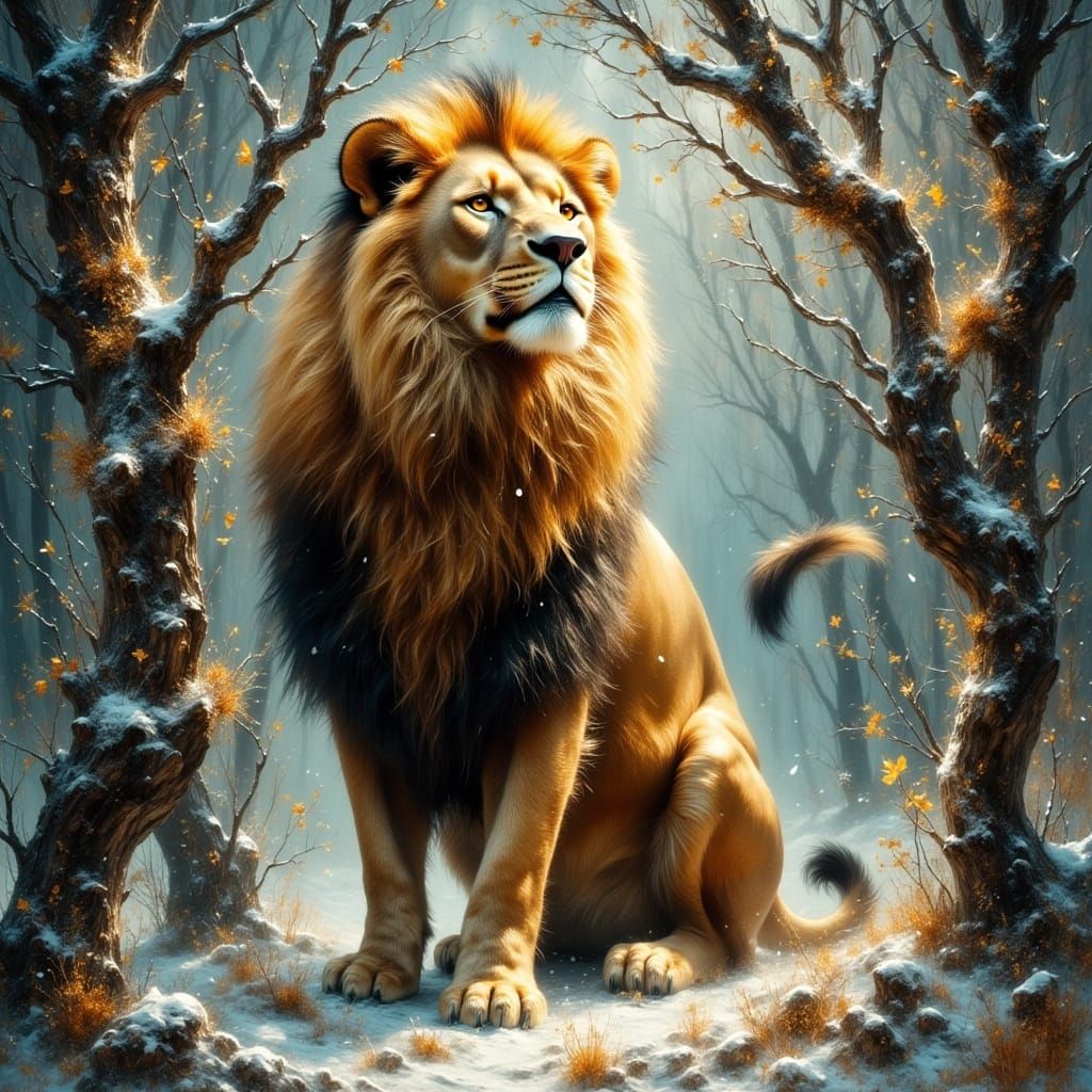 Lion in Winter Forest, Dreamlike Whimsical Scene