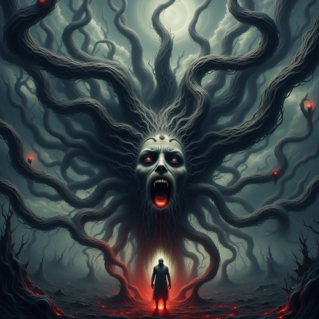 Figure Overwhelmed by Anxiety in Desolate Landscape