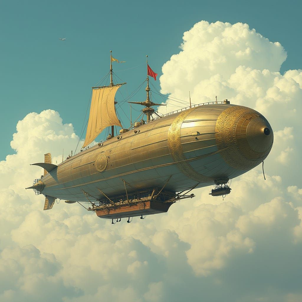Airship Soaring Through Clouds in Futuristic Style