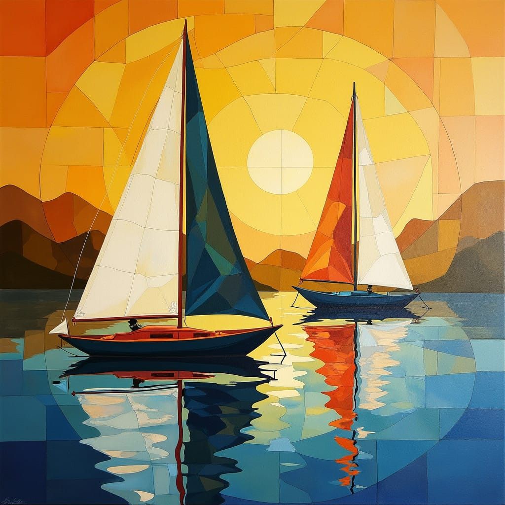 Sailboats in Cubist Harmony Float on Mosaic Water