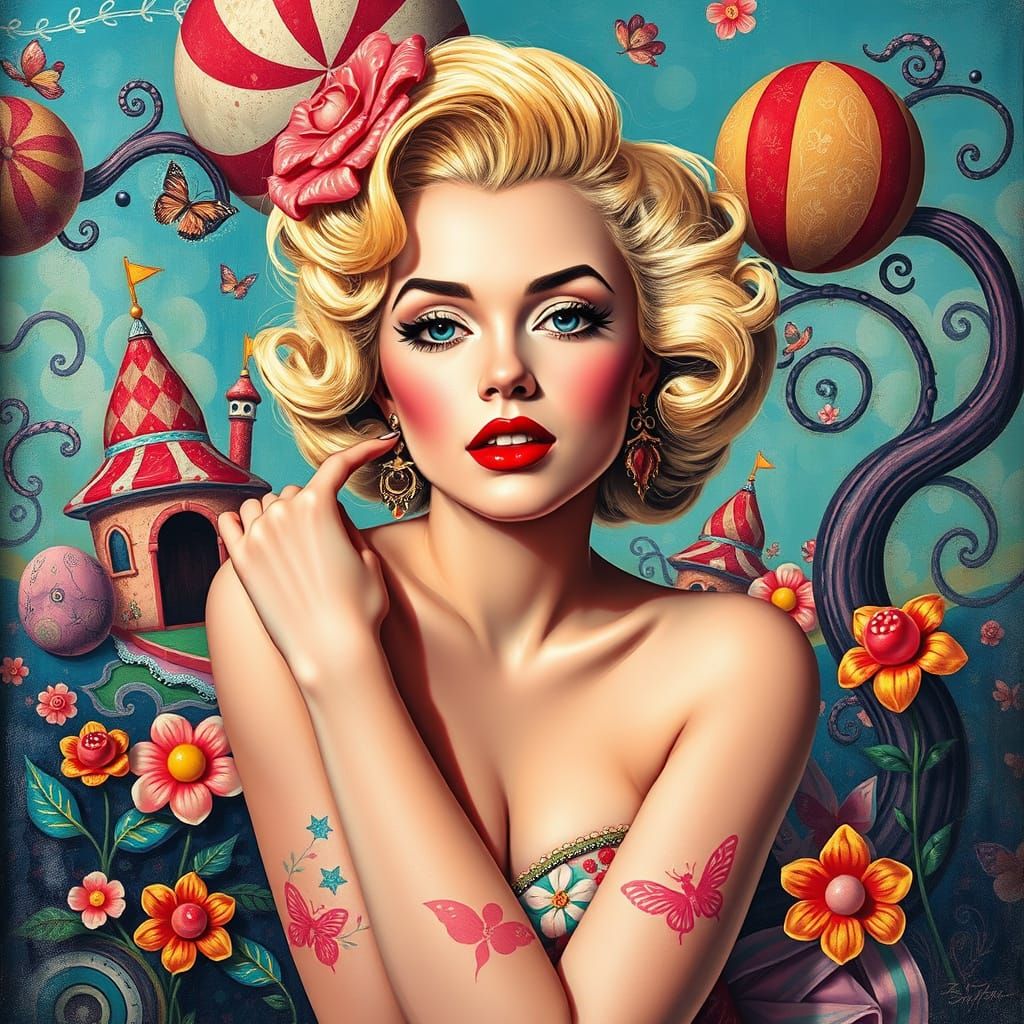 Sensual Pinup Girl in Whimsical Candyland Wonderland