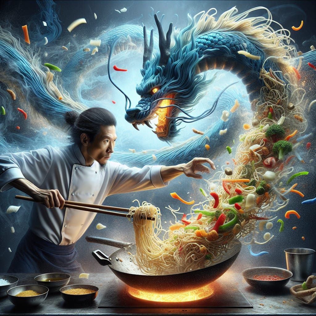 Asian Chef Stir Fry Creates Dragon with Fire