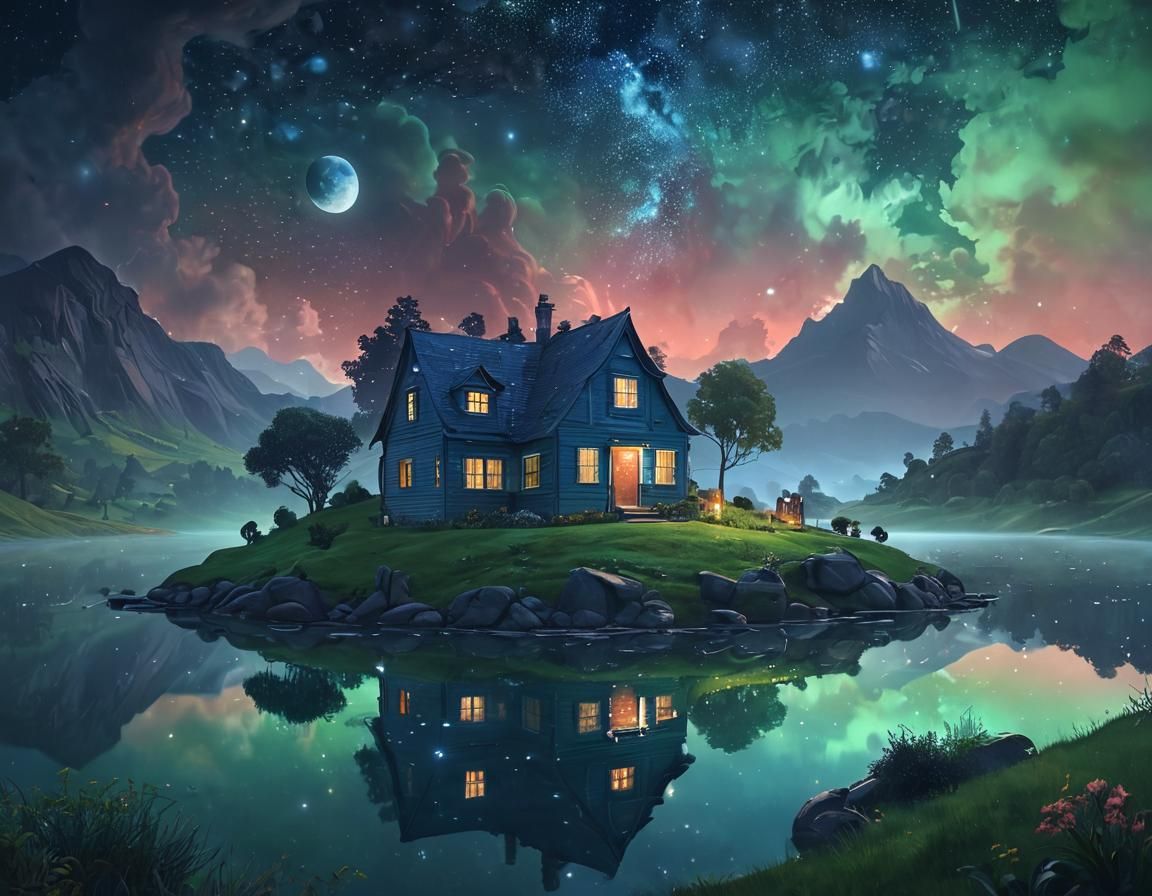 Fantasy Landscape with Blue Cat Home in Galaxy