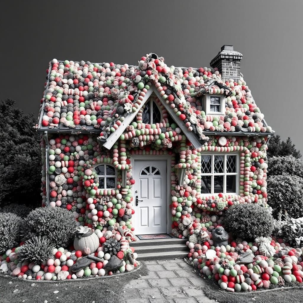 Victorian Cottage Smothered in Sweet Treats in Black and Whi...