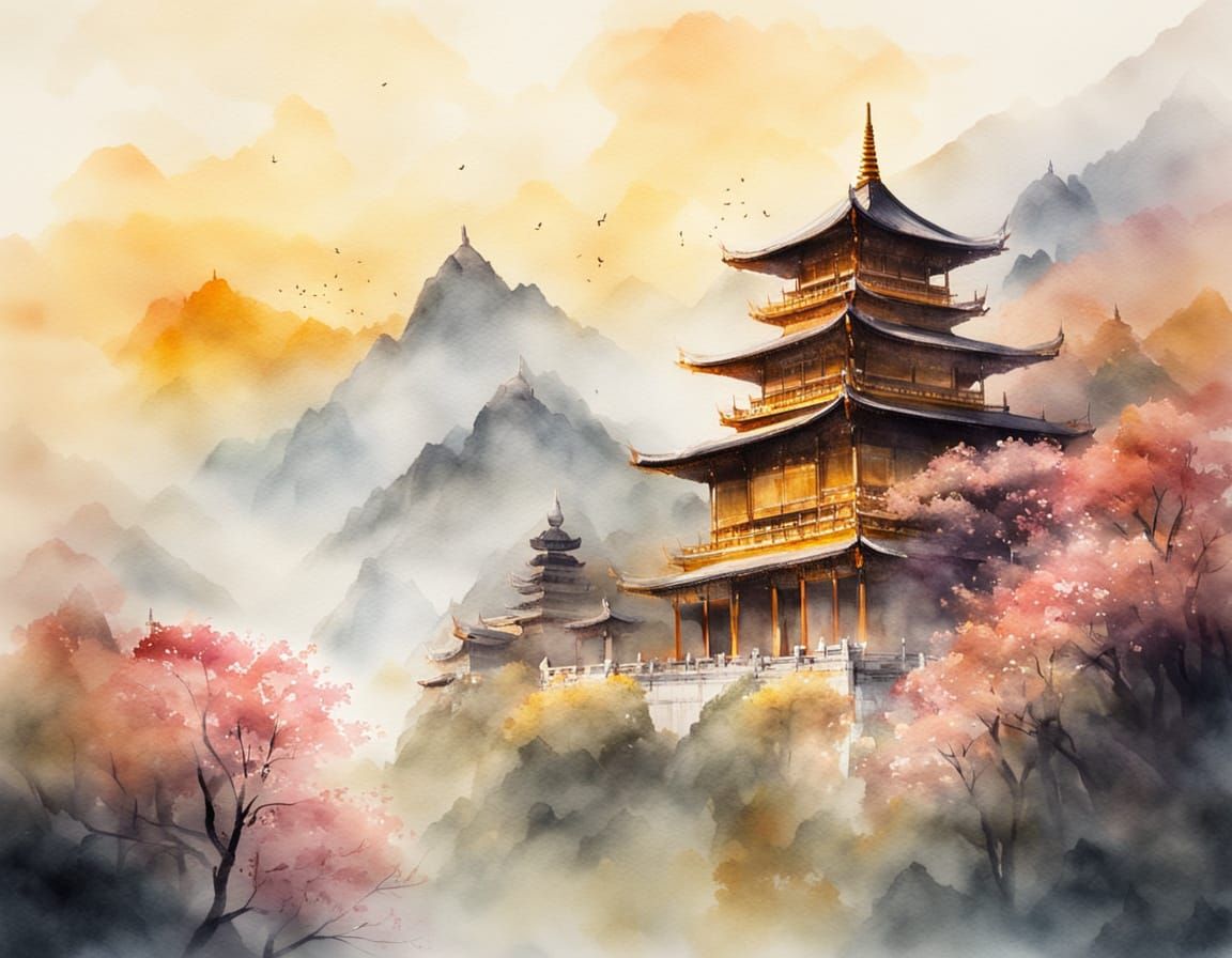Himalayan Buddhist Temple in Mist: Watercolour Painting