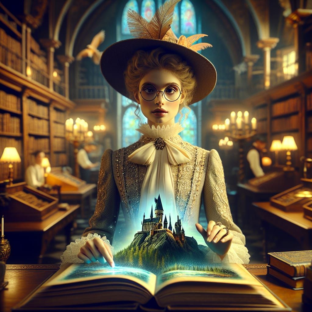 Enchantress in Magical Library Reveals Castle Landscape