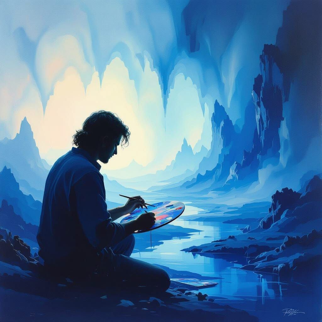 Airbrush Artist Creates Ethereal Blue Landscape Painting