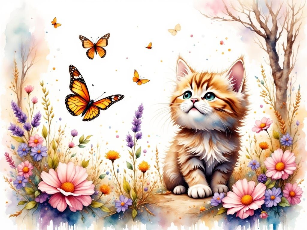 Whimsical Watercolor Kitten Chases Butterflies in a Vibrant ...