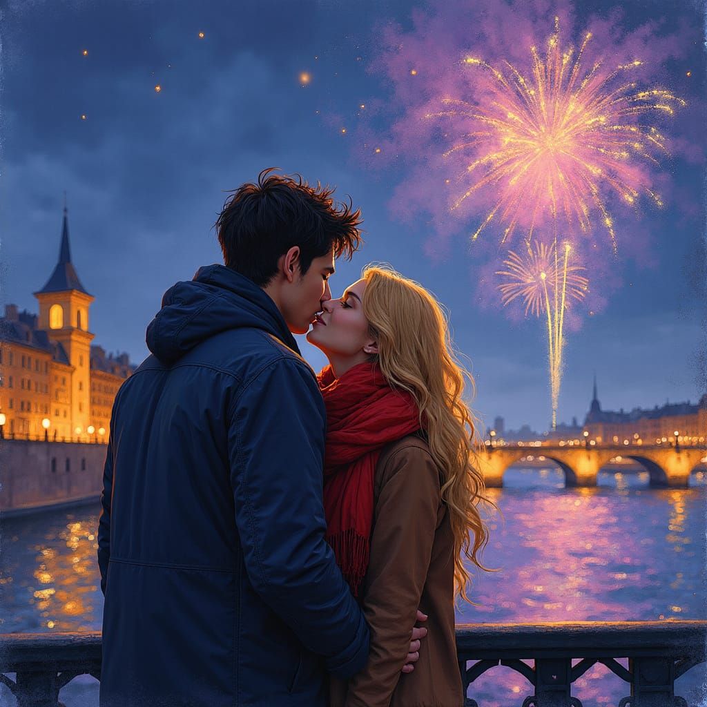Midnight Kiss Under Parisian Fireworks