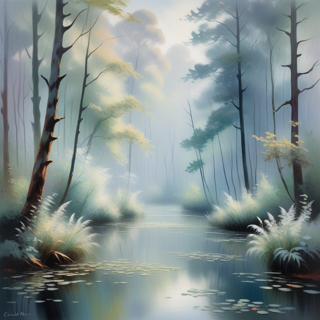 Misty Forest Landscape in Impressionist Style