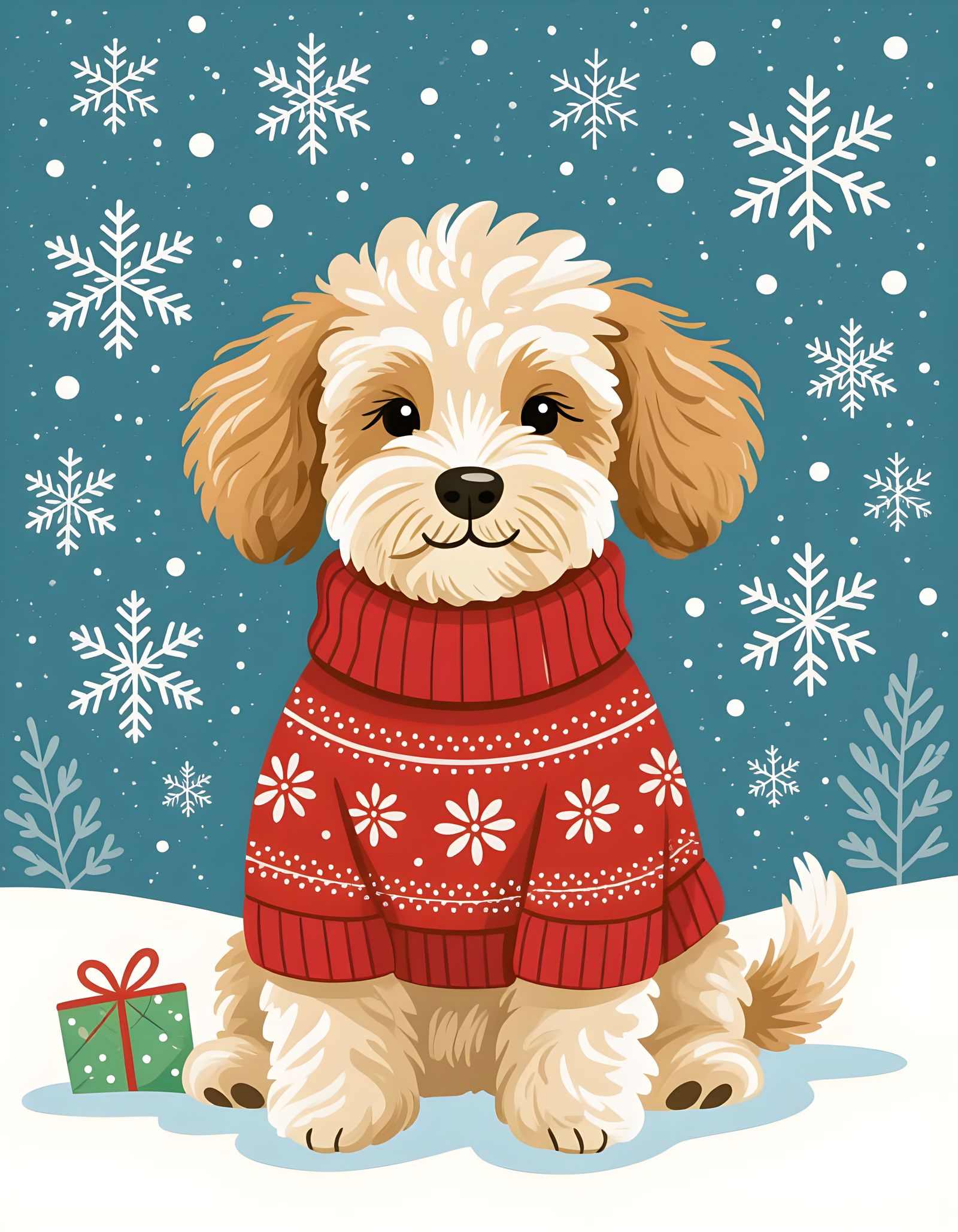 Festive Schnoodle in Christmas Sweater, Watercolor Art