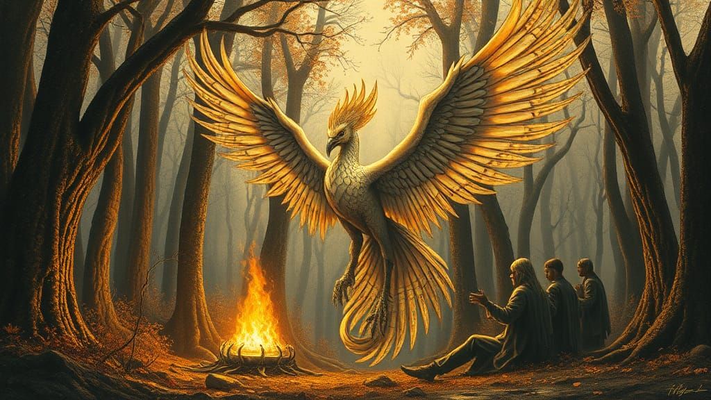 Mythical Phoenix in Mystical Forest, Surreal Charcoal Art