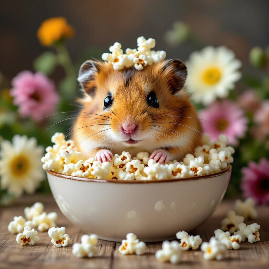 Hamster Emerges From Popcorn Bowl