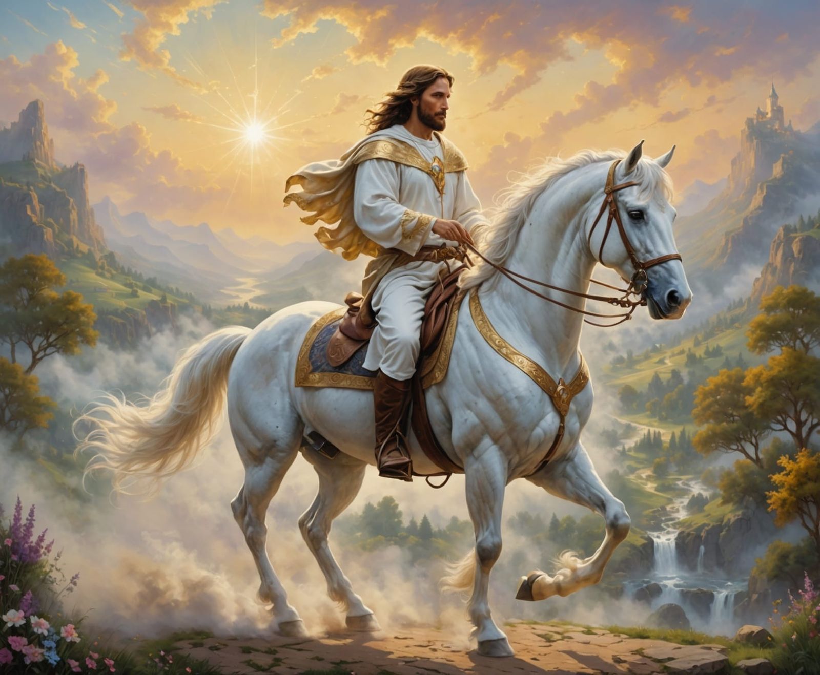 Jesus Rides a Majestic White Arabian Horse in Heavenly Splen...