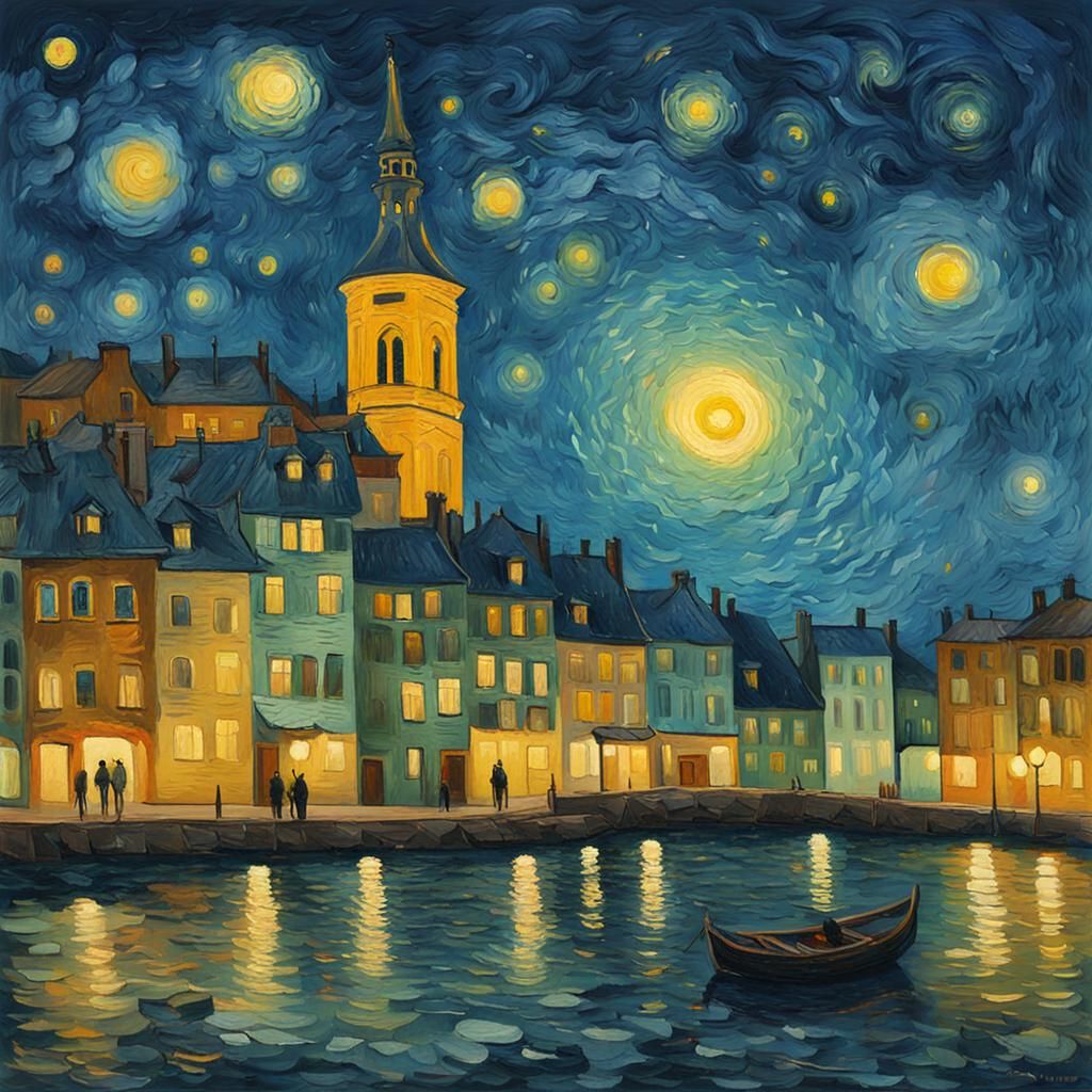 Night Cityscape in Van Gogh Impressionist Style