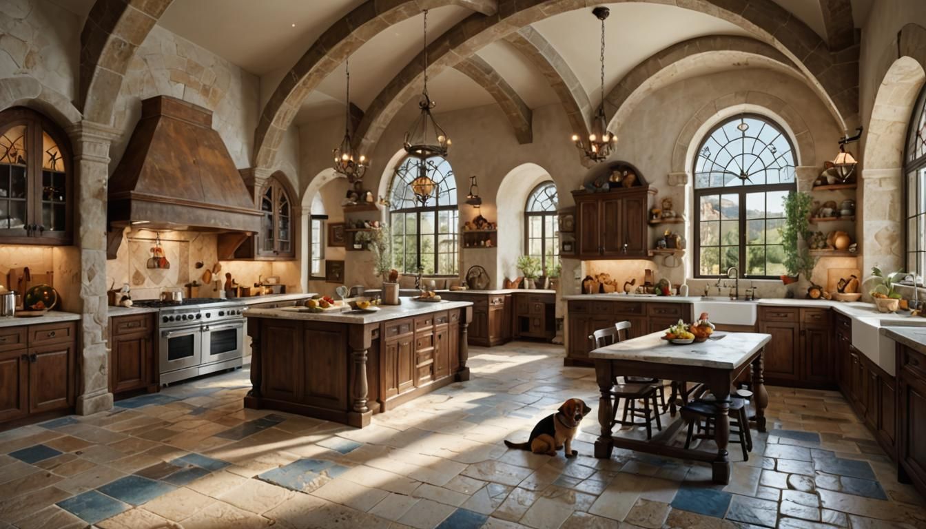Lavish Renaissance Kitchen with Puppy, Photo Realistic