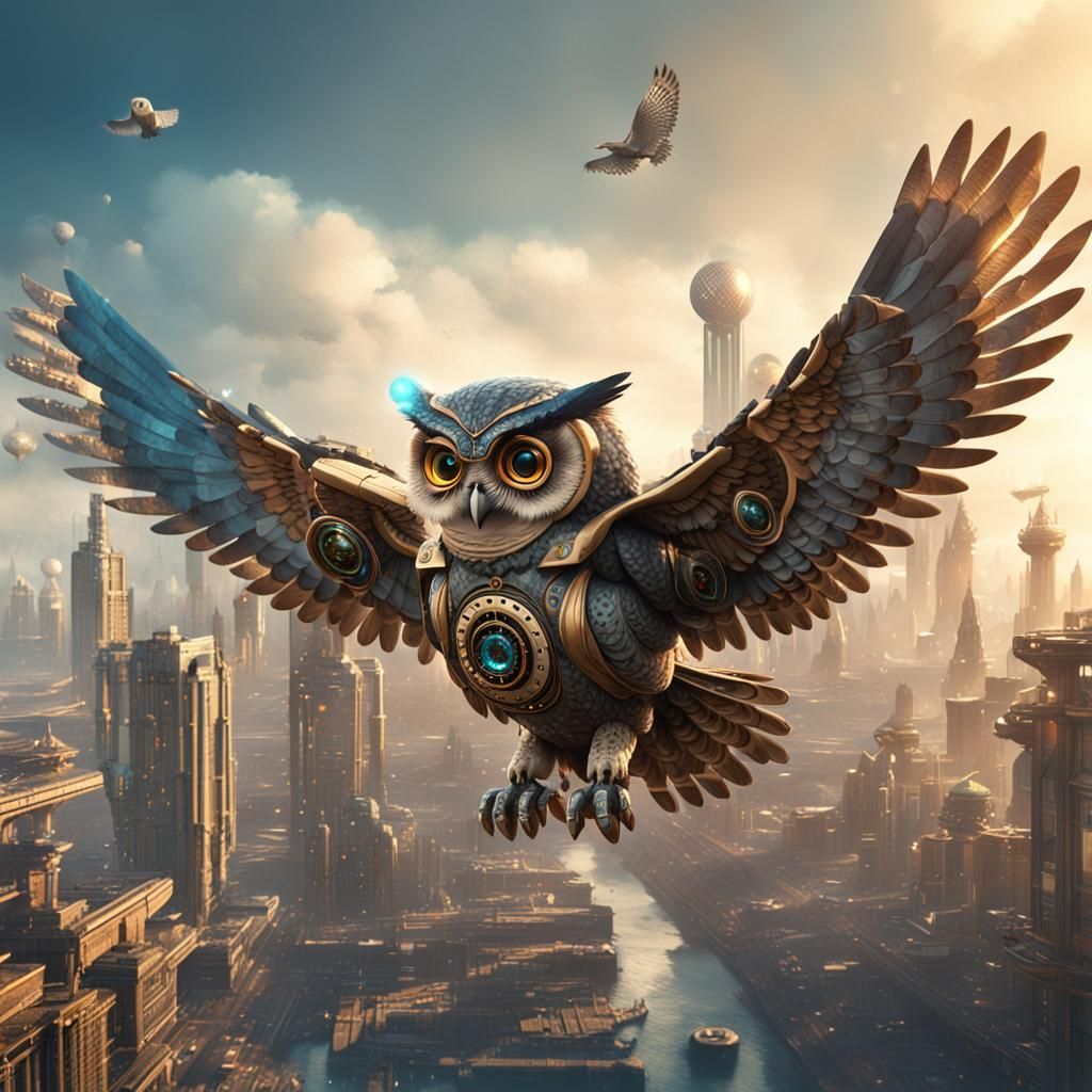 Steampunk Owl Flying Over Futuristic Cityscape