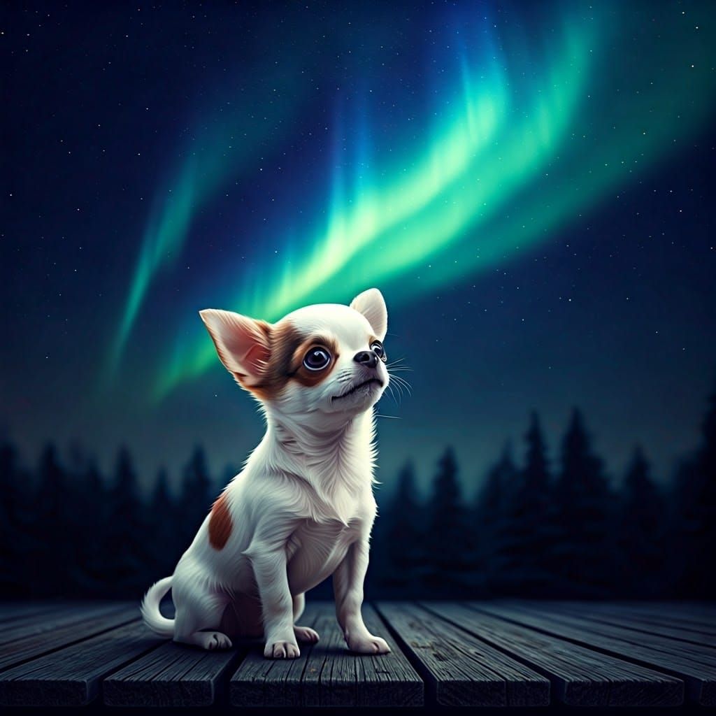 Nostalgic Chihuahua Gazing at Northern Lights, Disney-Inspir...