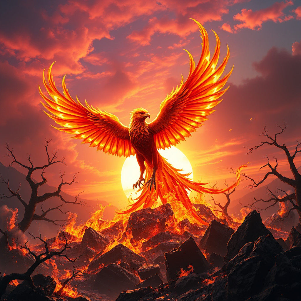 Fiery Phoenix Rising from Ashes at Sunrise