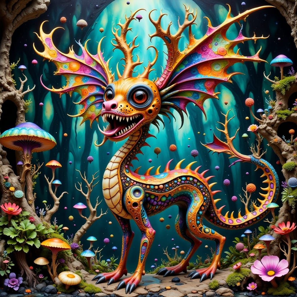 Surreal Dragon-Badger Hybrid in Lush Cave