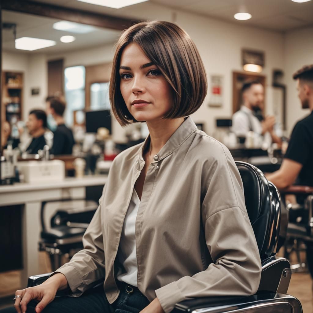 Sleek Bob Haircut in Barber Chair, Professional Photo