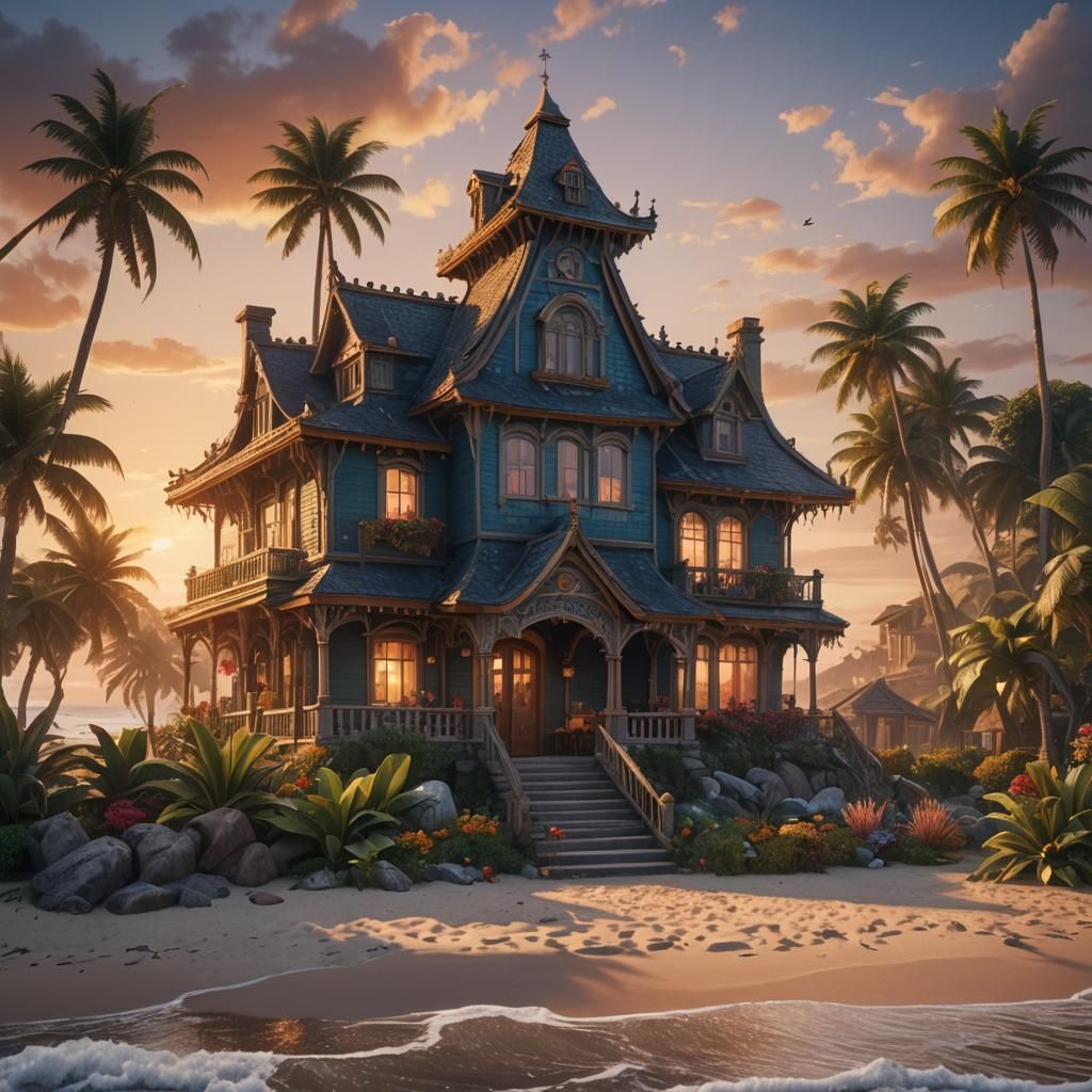 Beach House at Sunrise: Detailed Matte Painting