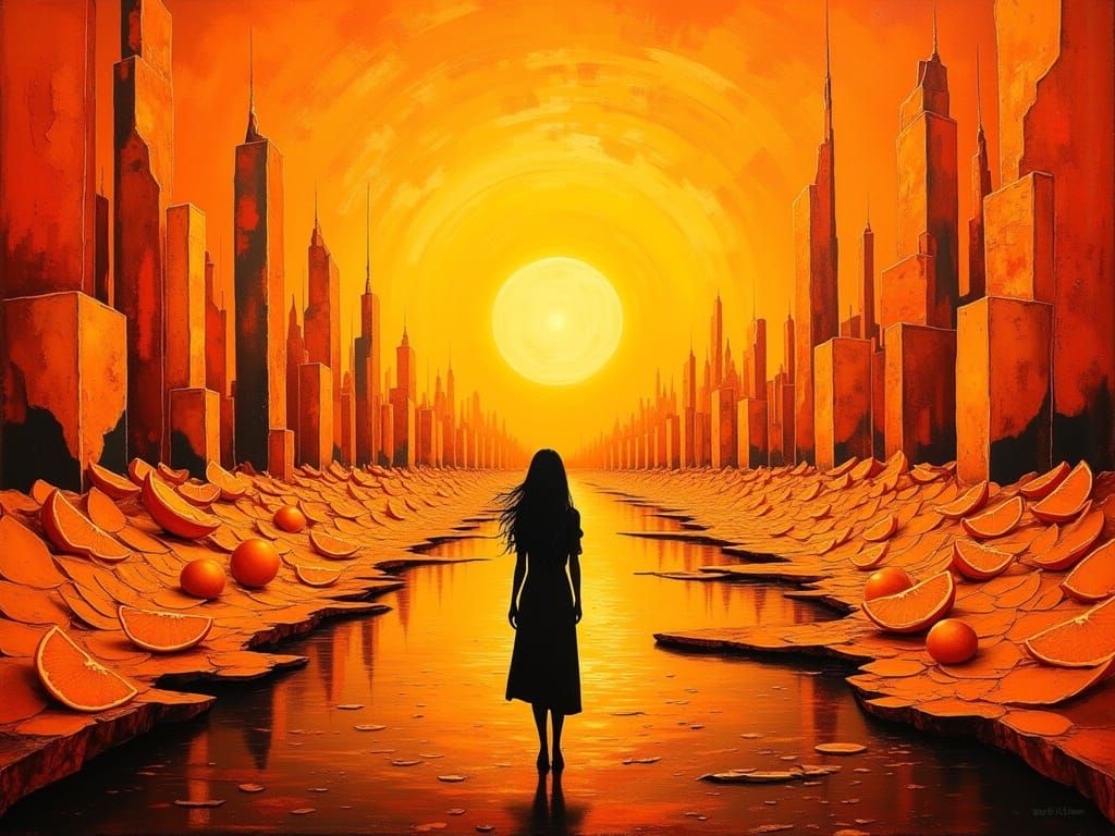 Surreal Orange Cityscape with Abstract Art Style