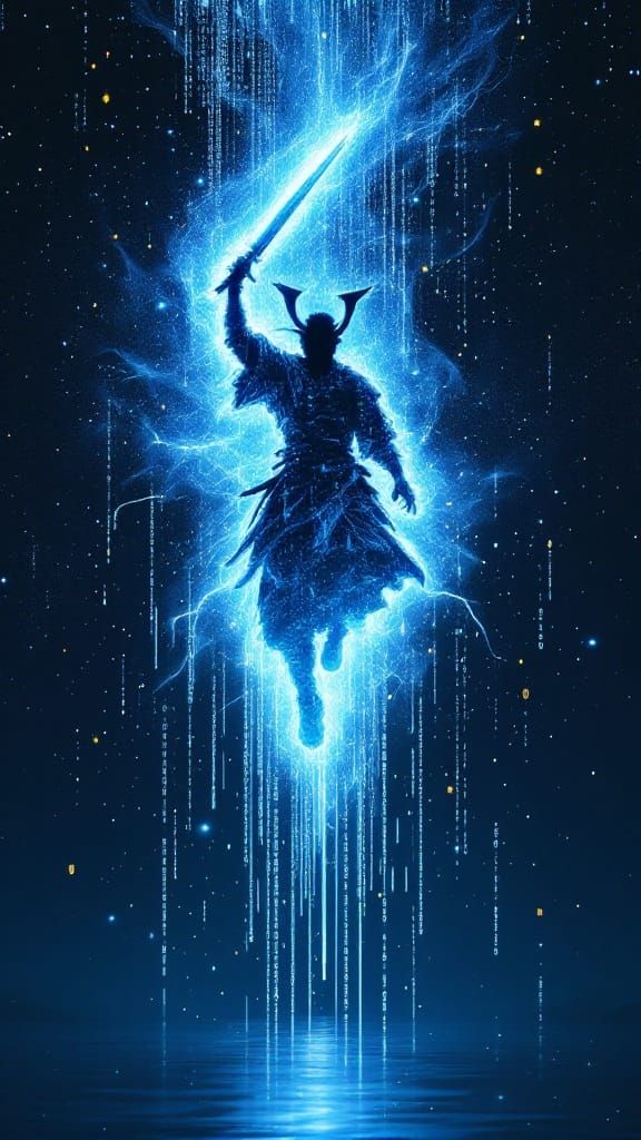 Ancient Samurai Hologram Shines with Binary Code Rain