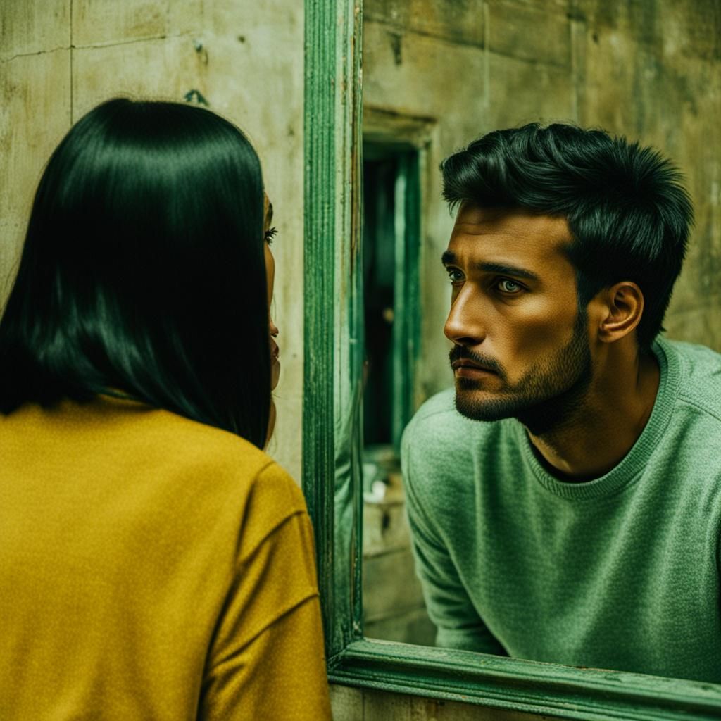 Man and Woman Intrigued by Mirror Reflection