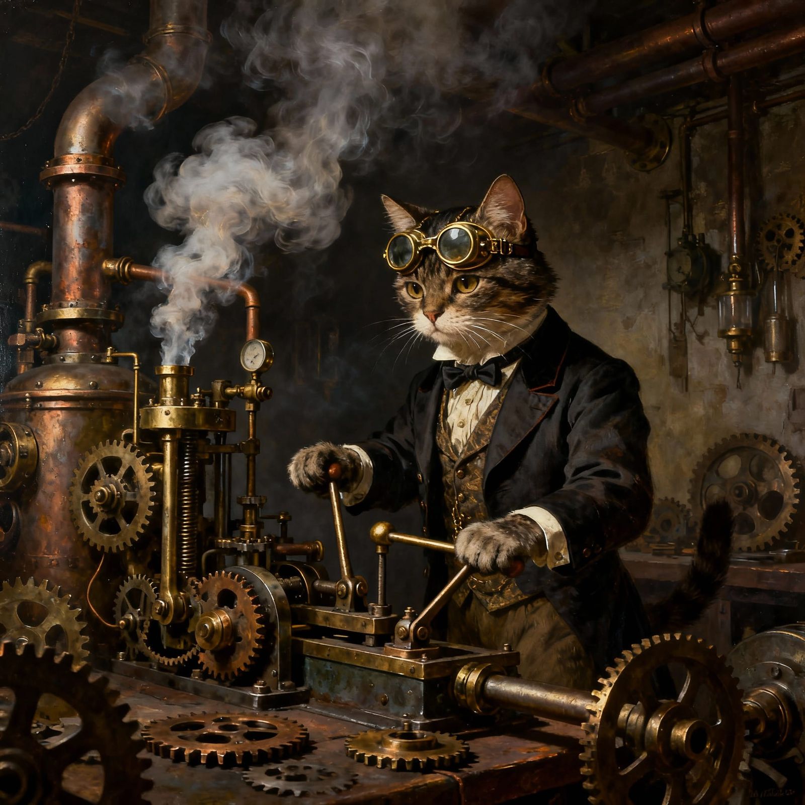 Victorian Cat Inventor in Steampunk Workshop