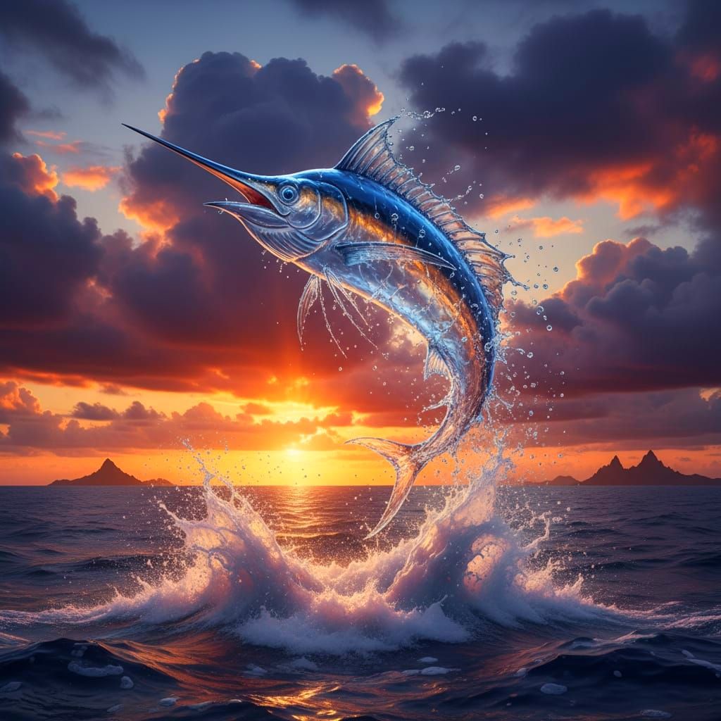 Blue Marlin Made of Water Leaping from Ocean Sunrise Sky