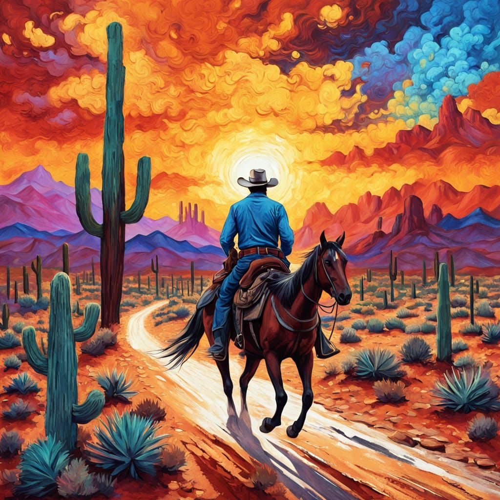 Psychedelic Cowboy on Dusty Road at Sunset