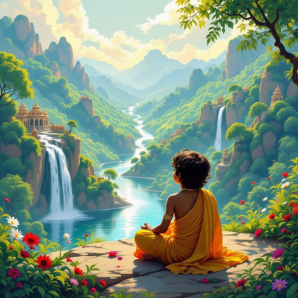 Boy Wakes in Whimsical Spiritual Vrndavana Landscape