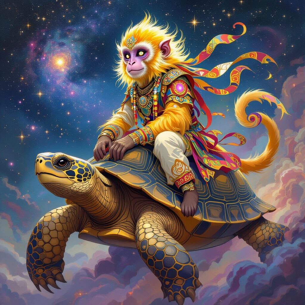 Golden Monkey Rides Cosmic Turtle in Art Nouveau Style