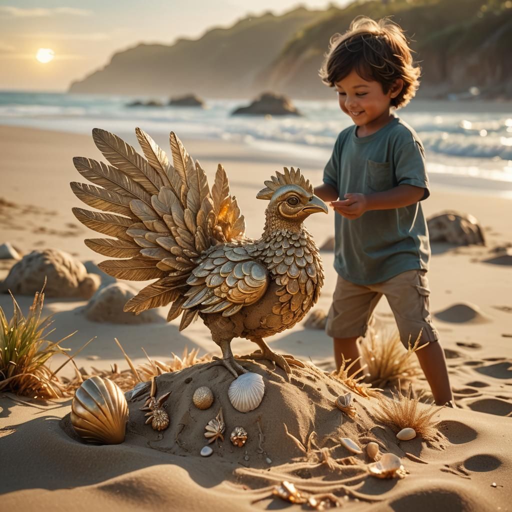 A kid showing a sand Chicken sculpture on A Beach