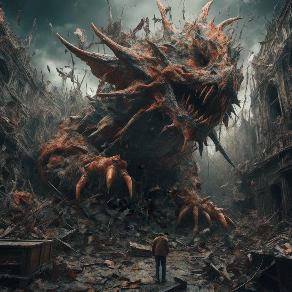 Gyarados Attacks Pikachu in Dystopian Horror Style