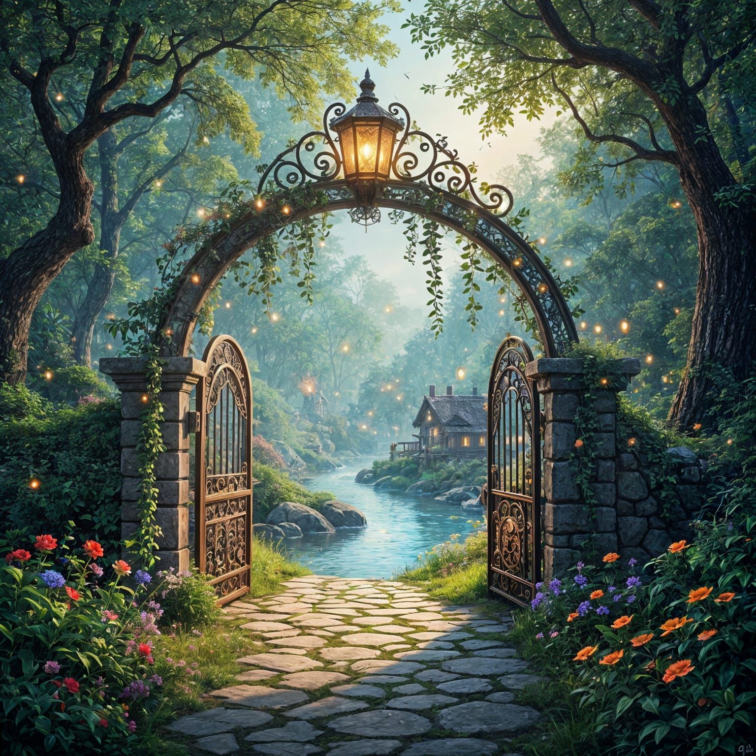 Enchanted Fairy Garden Gate with Magical Creatures
