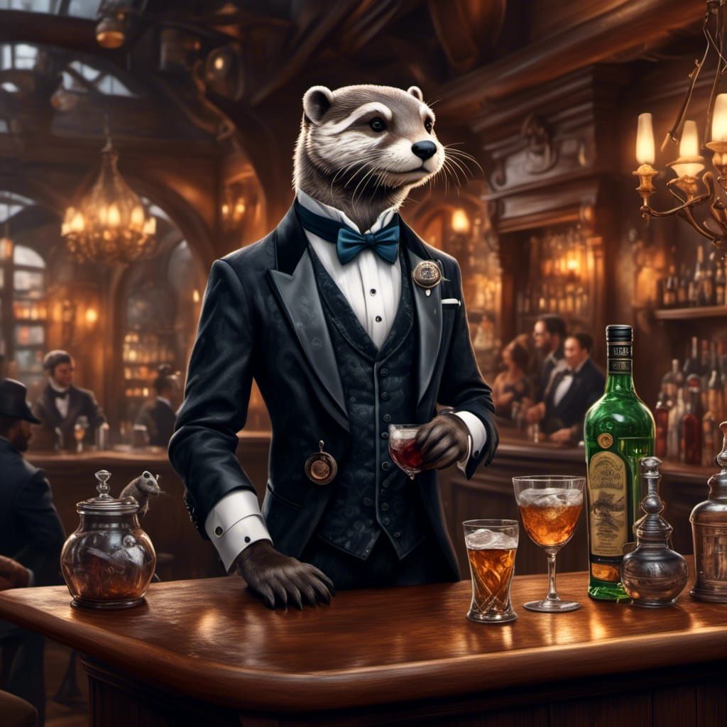 Anthro Otter Bartender in Fantasy Pub, Ink and Pencil