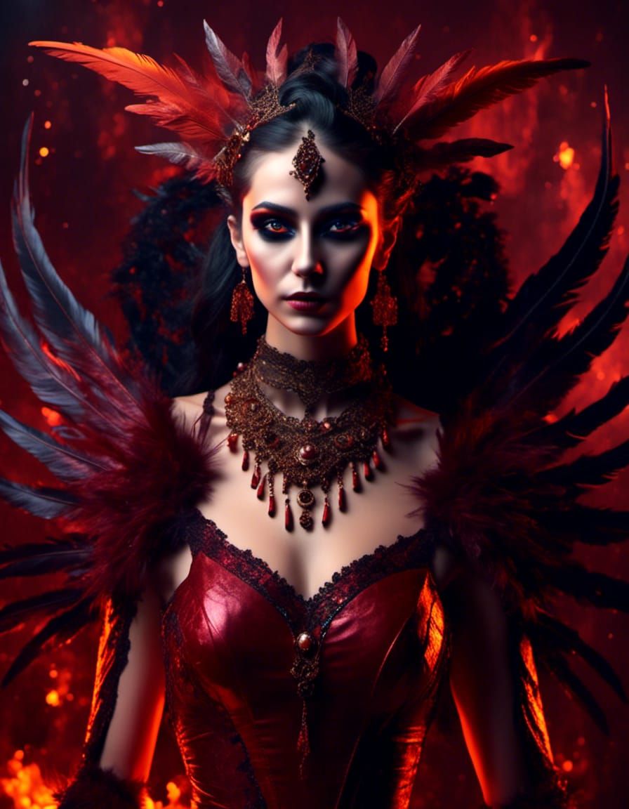 Vampire Woman with Feather Headdress and Fire Eyes