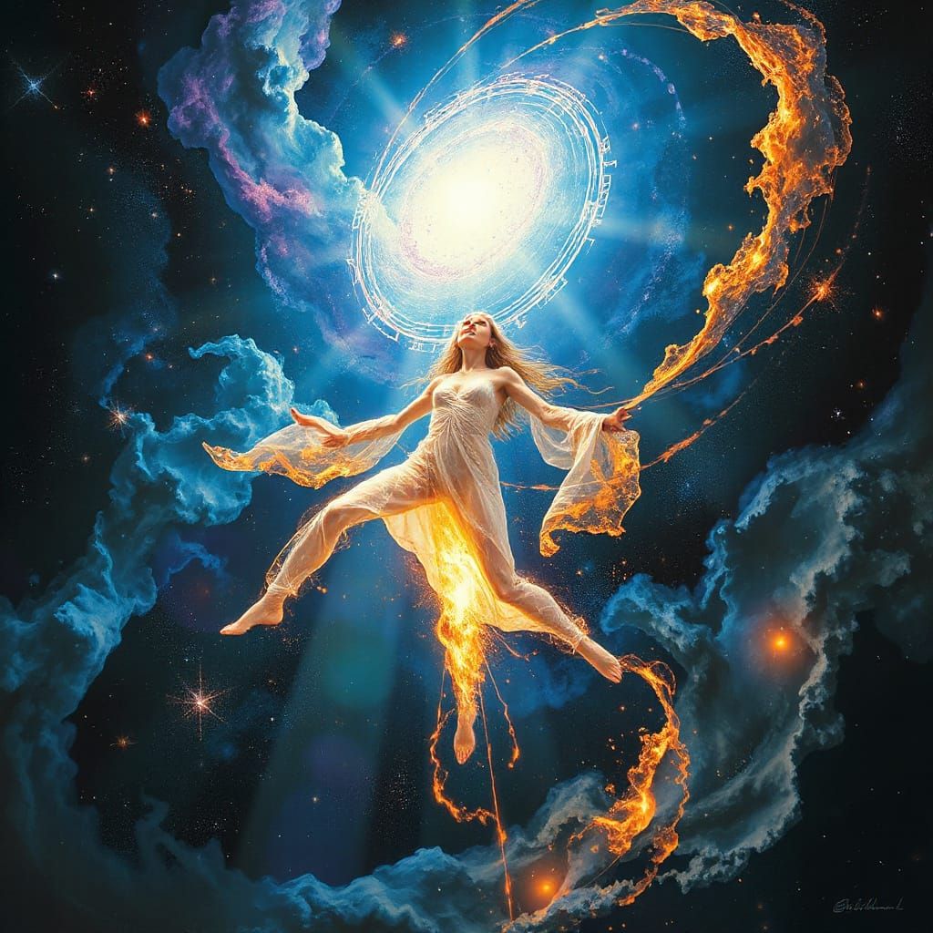 Cosmic Figure Emerges from Nebula in Surreal Space Art Style