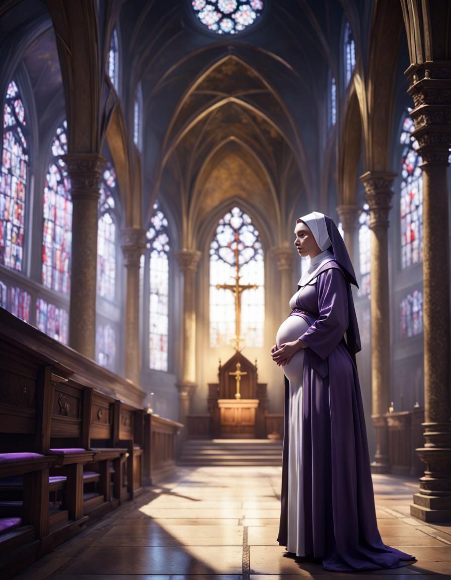 Pregnant Nun in Chapel: Dark Fantasy Art