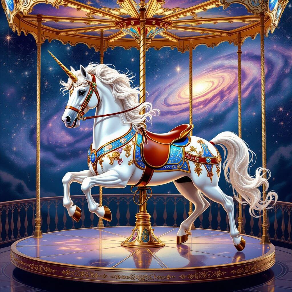 Majestic Celestial Carousel Horse with Moonlight Mane
