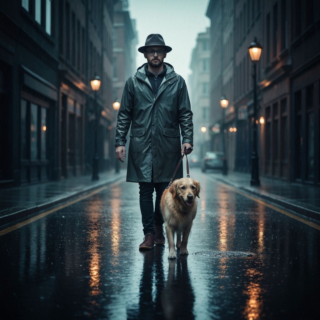 Film Noir: Man Walks Dog in Rain-Soaked City