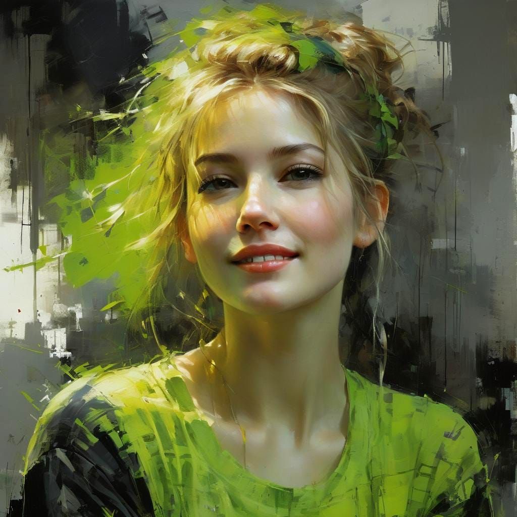 Lime Green Fine Art: Woman and Man in Joyful Conversation