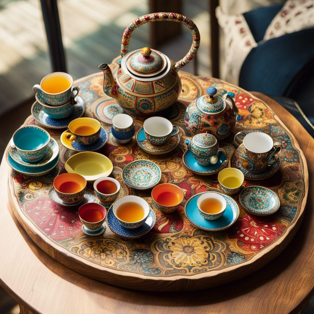 Colorful Tea Set on Wooden Table, Surreal Art