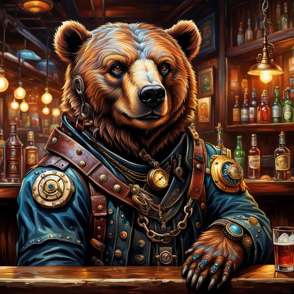 Steampunk Bear in Bar: Hyperrealistic Concept Art