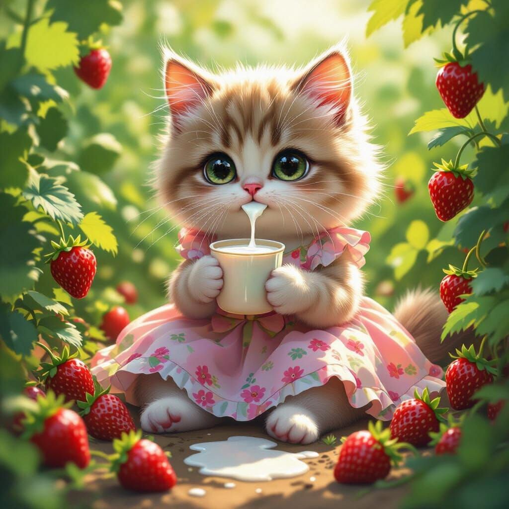 Pastel Cat in Strawberry Garden, Kawaii Style