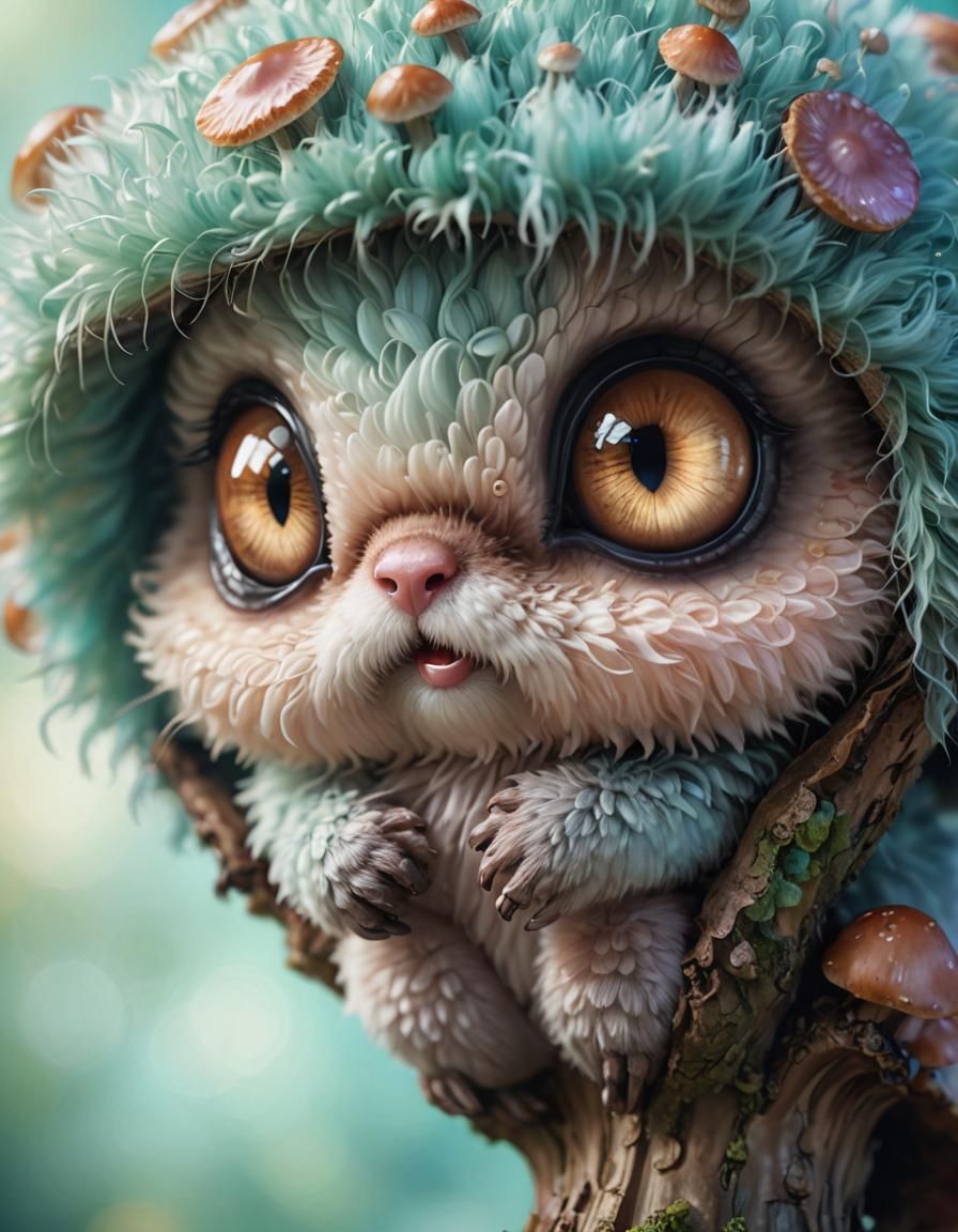 Big-Eyed Furry Creature on Mushroom: Digital Art